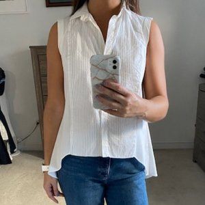 Brunello Cucinelli Sleeveless Tuxedo Pleated Hi-Low Buttonfront Blouse, size S